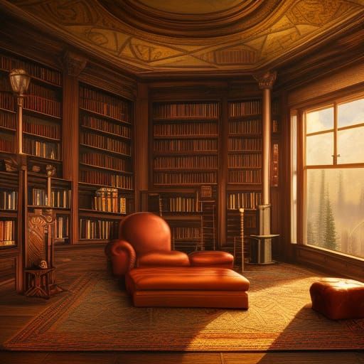 Cozy Library Interior with Autumn View