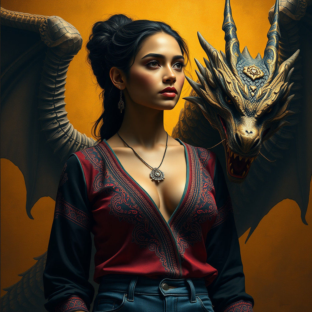 Regal Indian Woman with Dragon, Rivera and LaChapelle Style