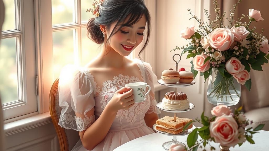 Serenely Dressed Asian Woman in Whimsical Garden Setting