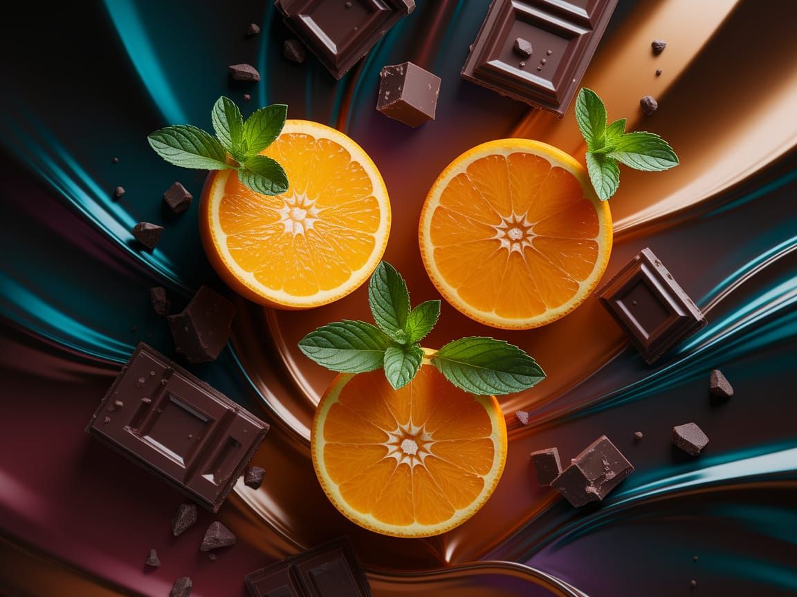 Vibrant Oranges with Dark Chocolate and Mint in Moody Lighti...