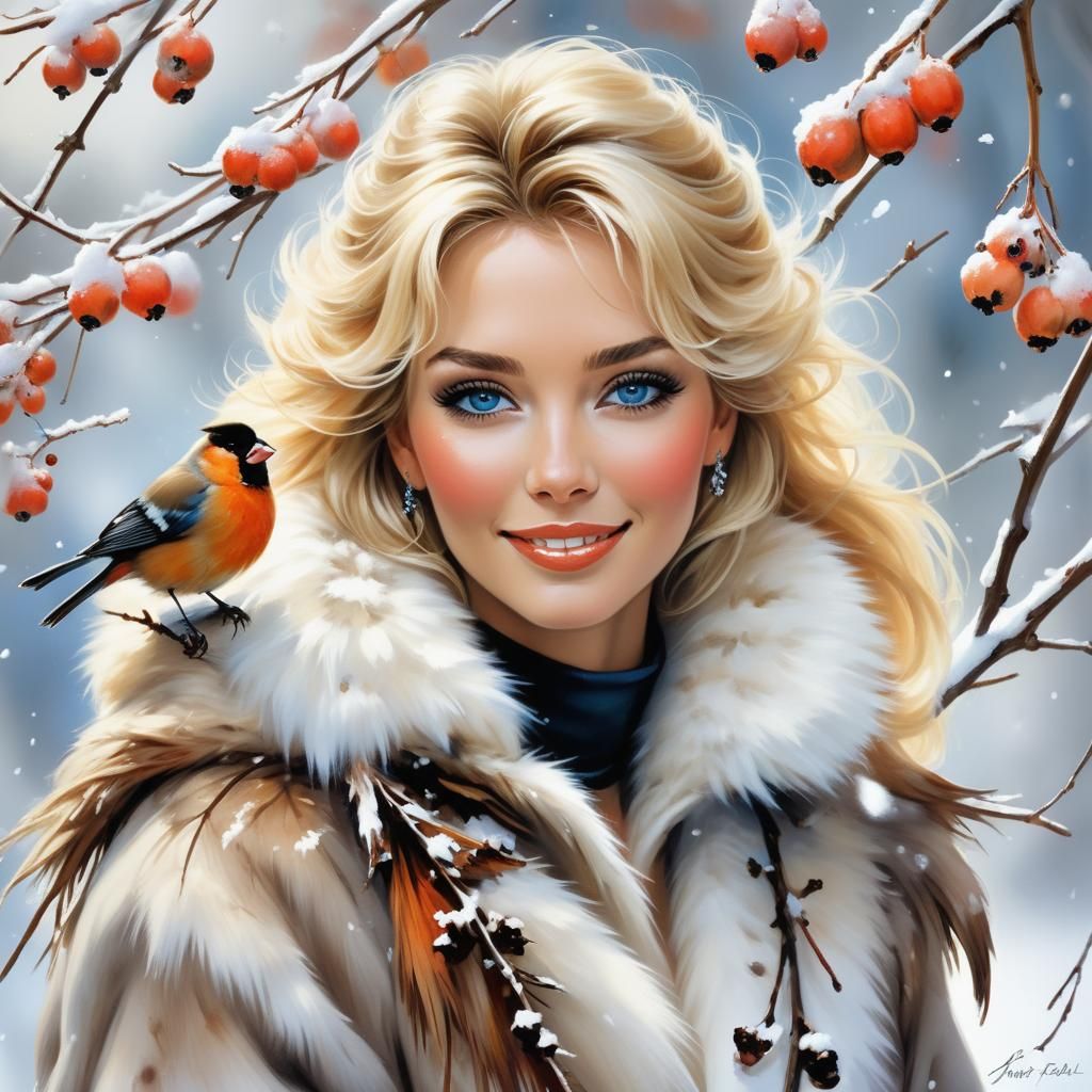 Smiling Girl with Bullfinch in Fantasy Art Style