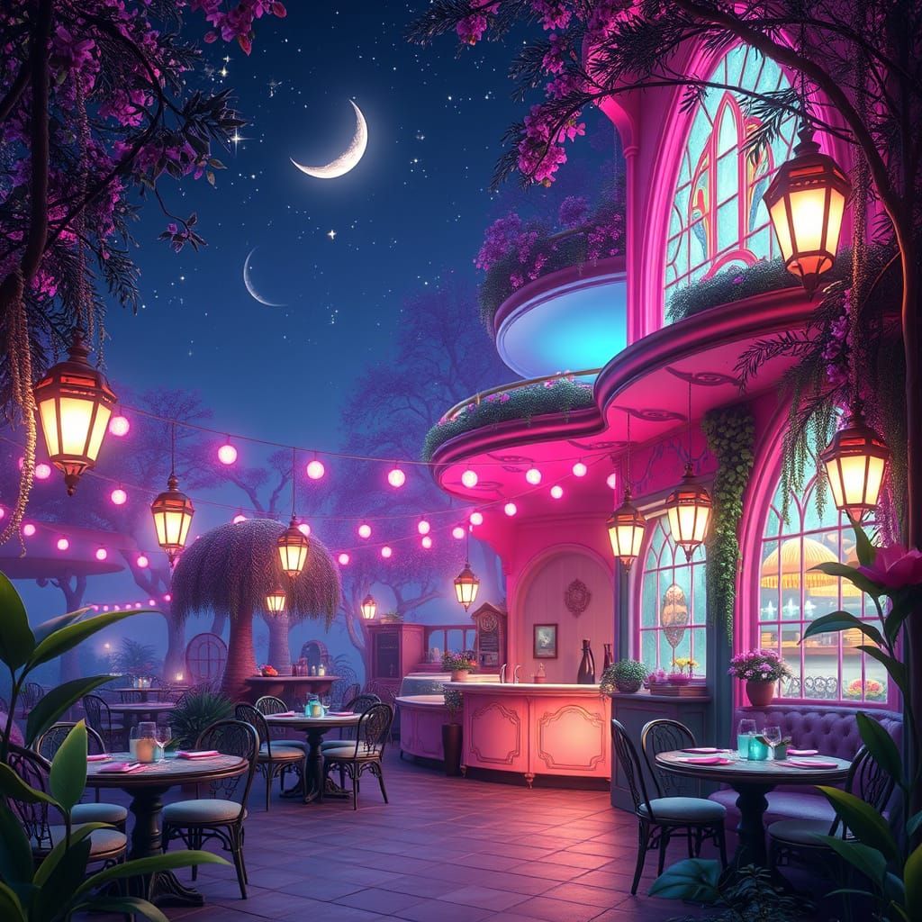 Dreamlike Night Cafe in Whimsical Art Nouveau Style