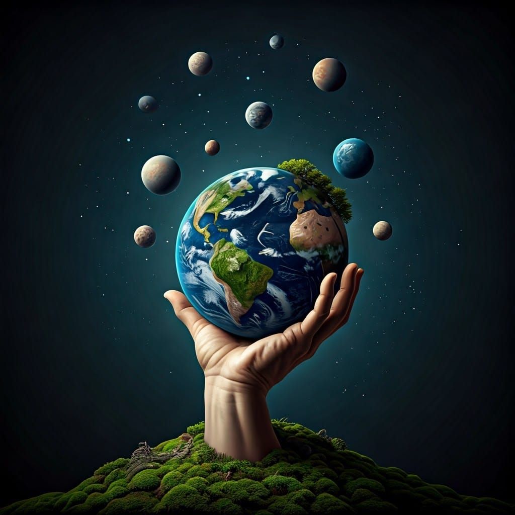 Giant Hand Juggling Planets in Baroque Style