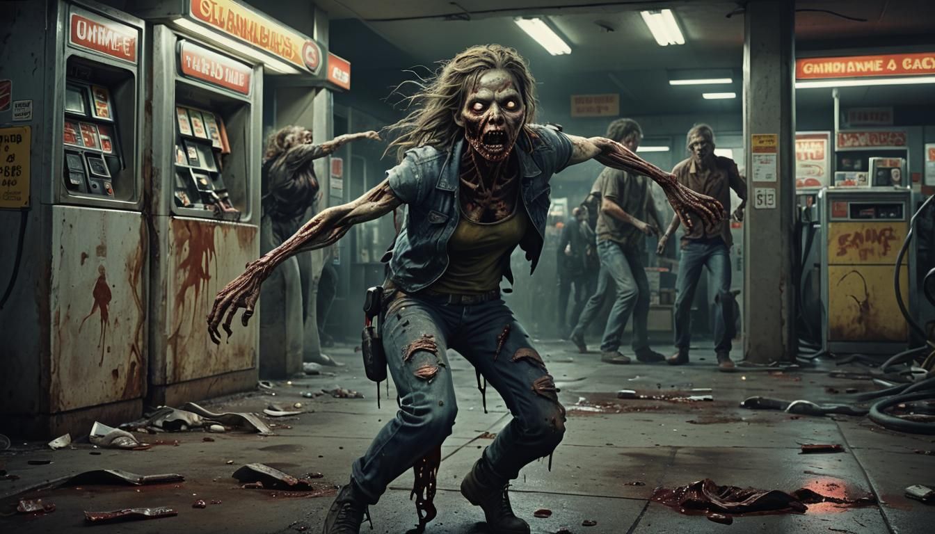 Zombie Attack in Gas Station: Surreal Horror Artwork
