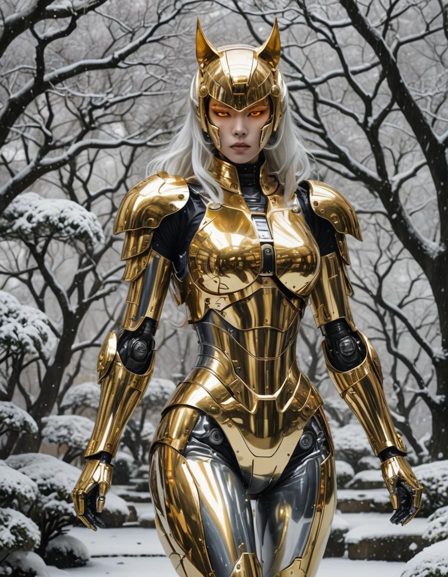 Golden Cyborg Cat-Woman in Snowy Japanese Garden