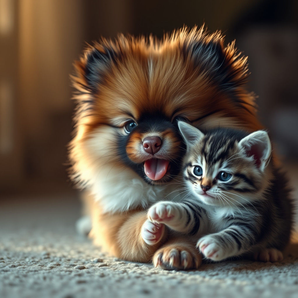 Pomeranian Puppy and Kitten Playtime: Hyperrealistic