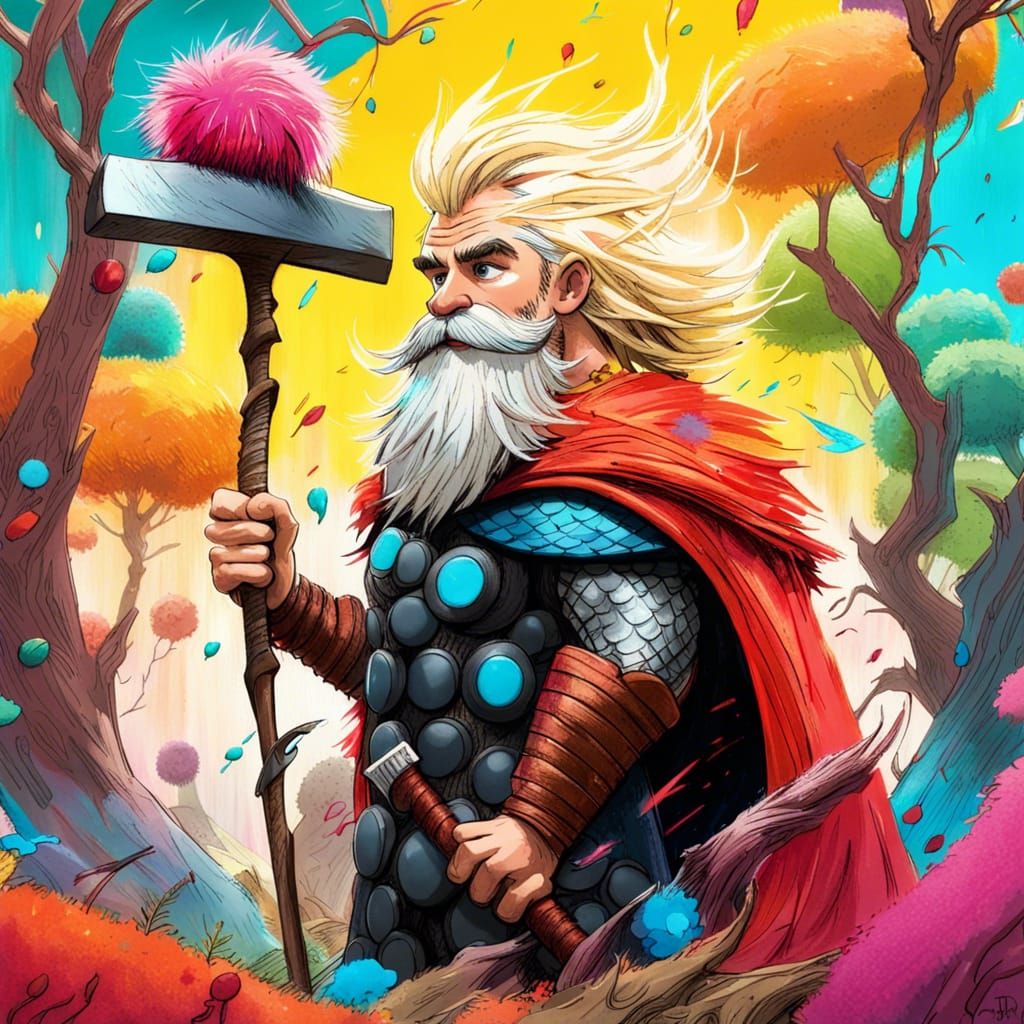 Thor and The Lorax in Seussian Landscape