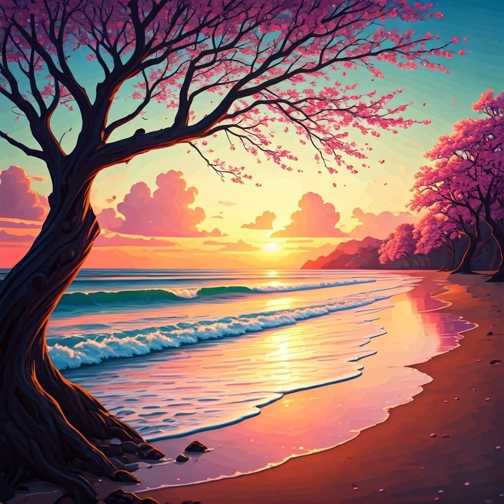 Surreal Tropical Beach Sunset with Cherry Blossom Trees