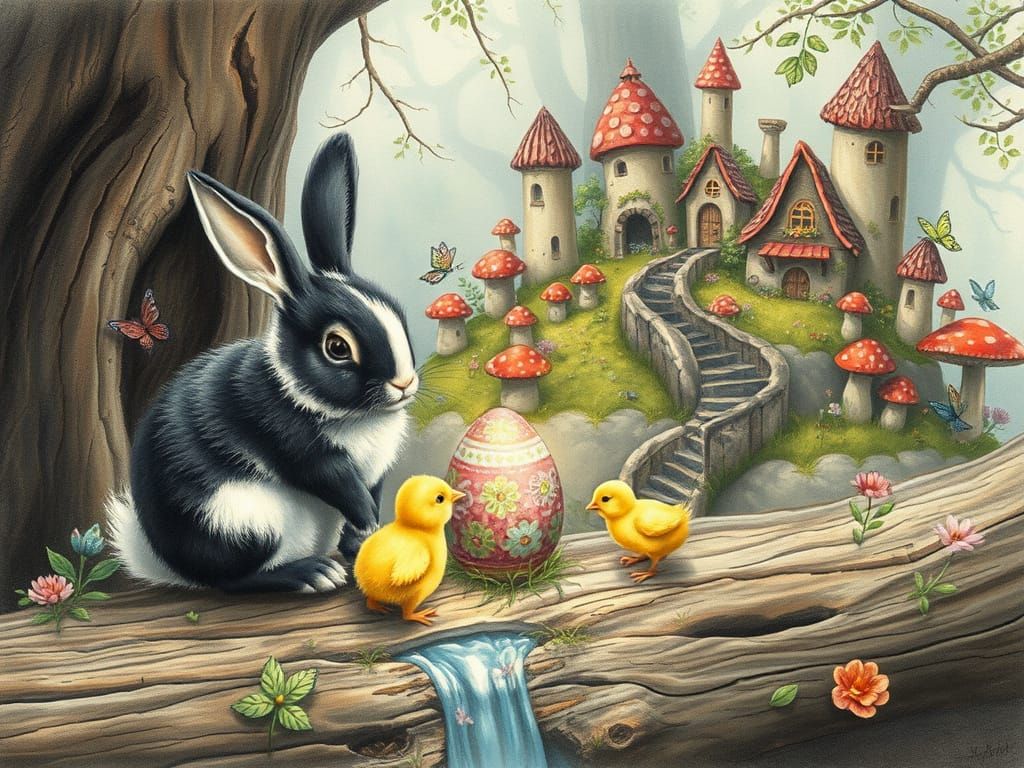 Enchanted Fairy Village with Bunny in Charcoal Style