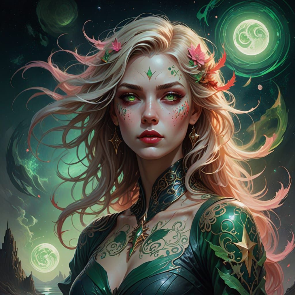 Ethereal Tattooed Woman in Cosmic Moonlight