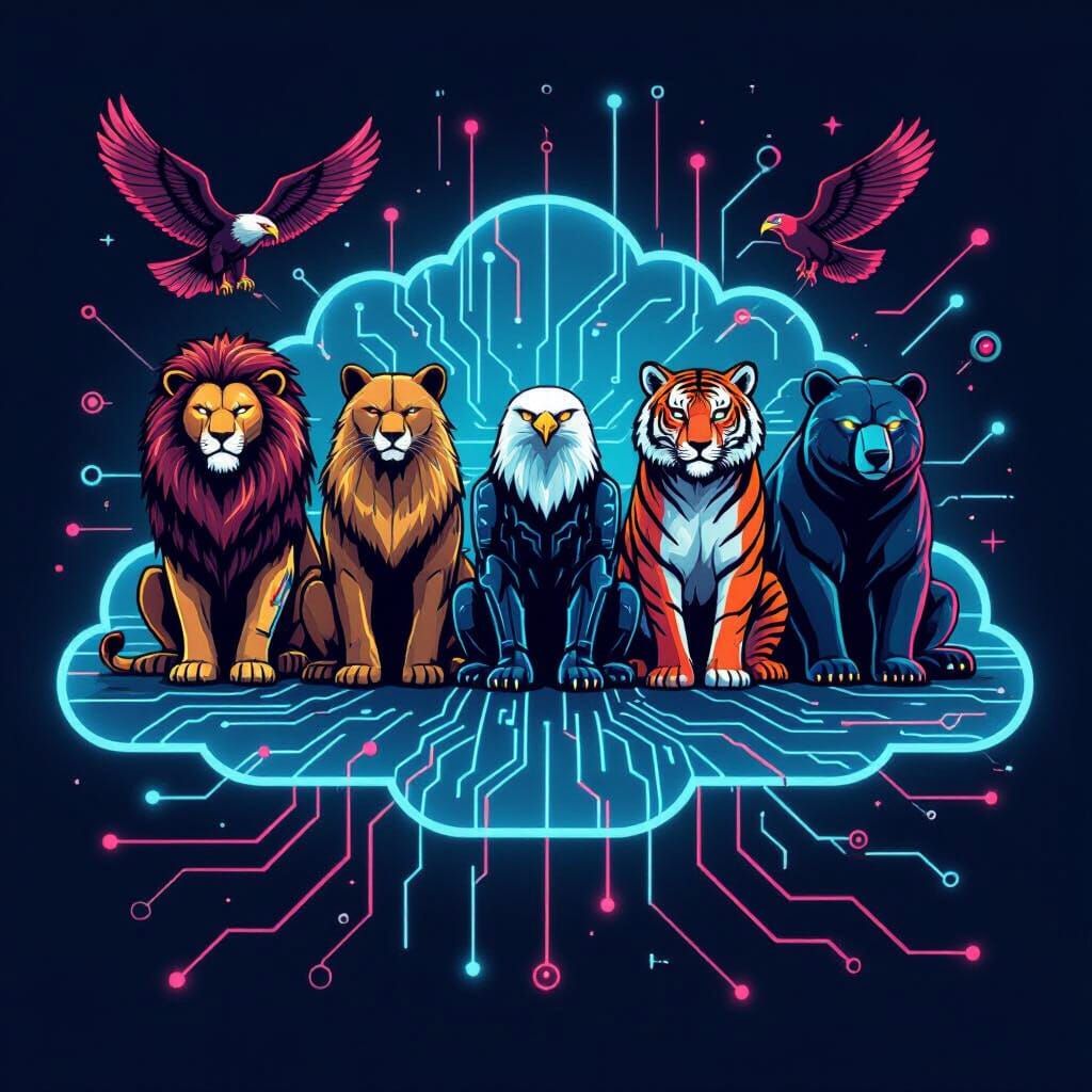 Cybernetic Animals on Circuit Cloud in Vector Art