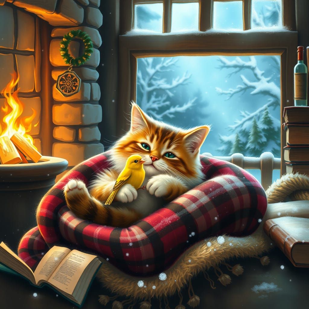 Cozy Cat Cradles Bird by Crackling Fireplace