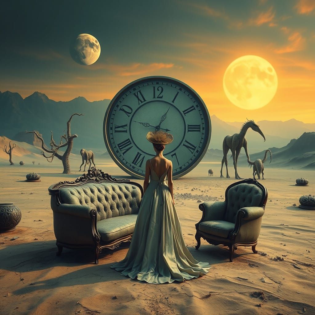 Surrealistic Dreamscape with Melting Clocks and Elegant Woma...