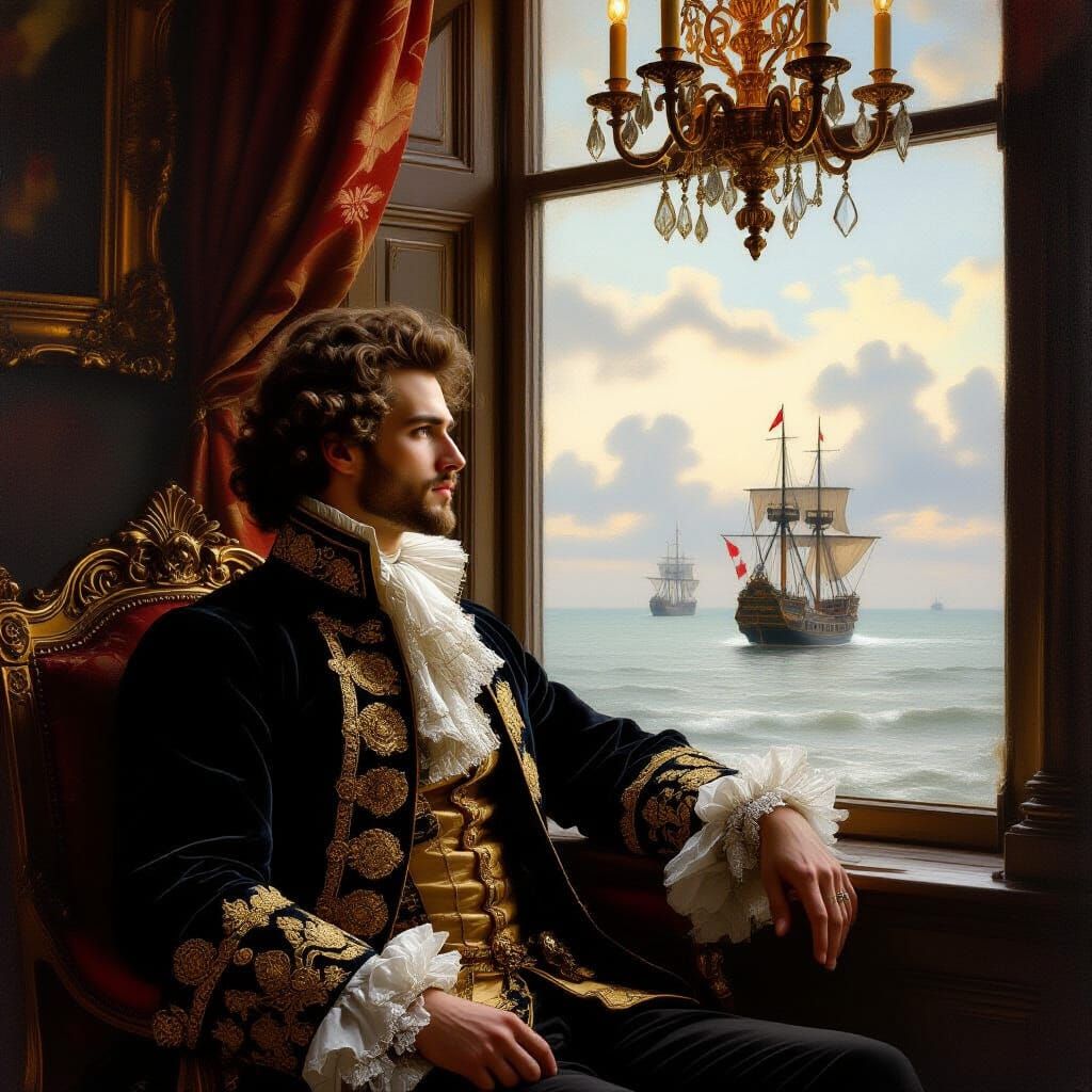 Baroque Man Gazing at Sea: Oil Painting