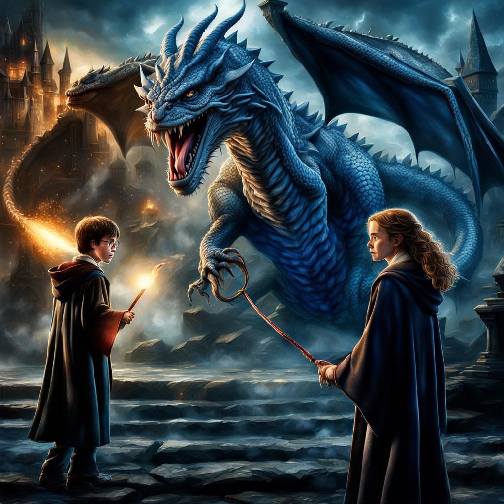 Harry Potter and Hermione Granger Duel a Dragon