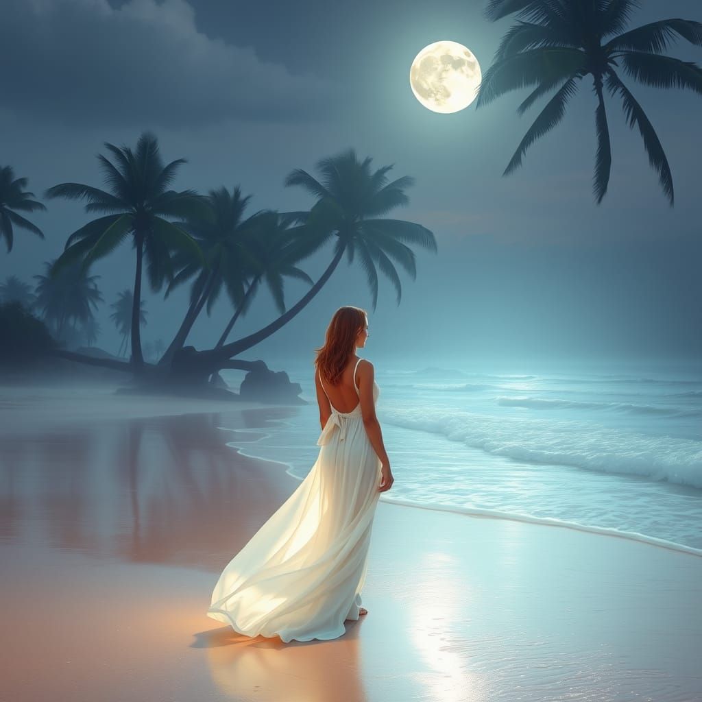 Ethereal Beach Scene Under Moonlight