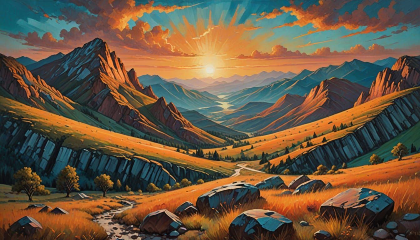 Vibrant Oil Painting of Mountain Landscape at Golden Hour