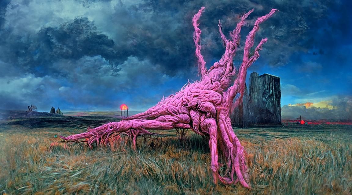Never-Ending Tree in Pink Field, Dark Fantasy Art