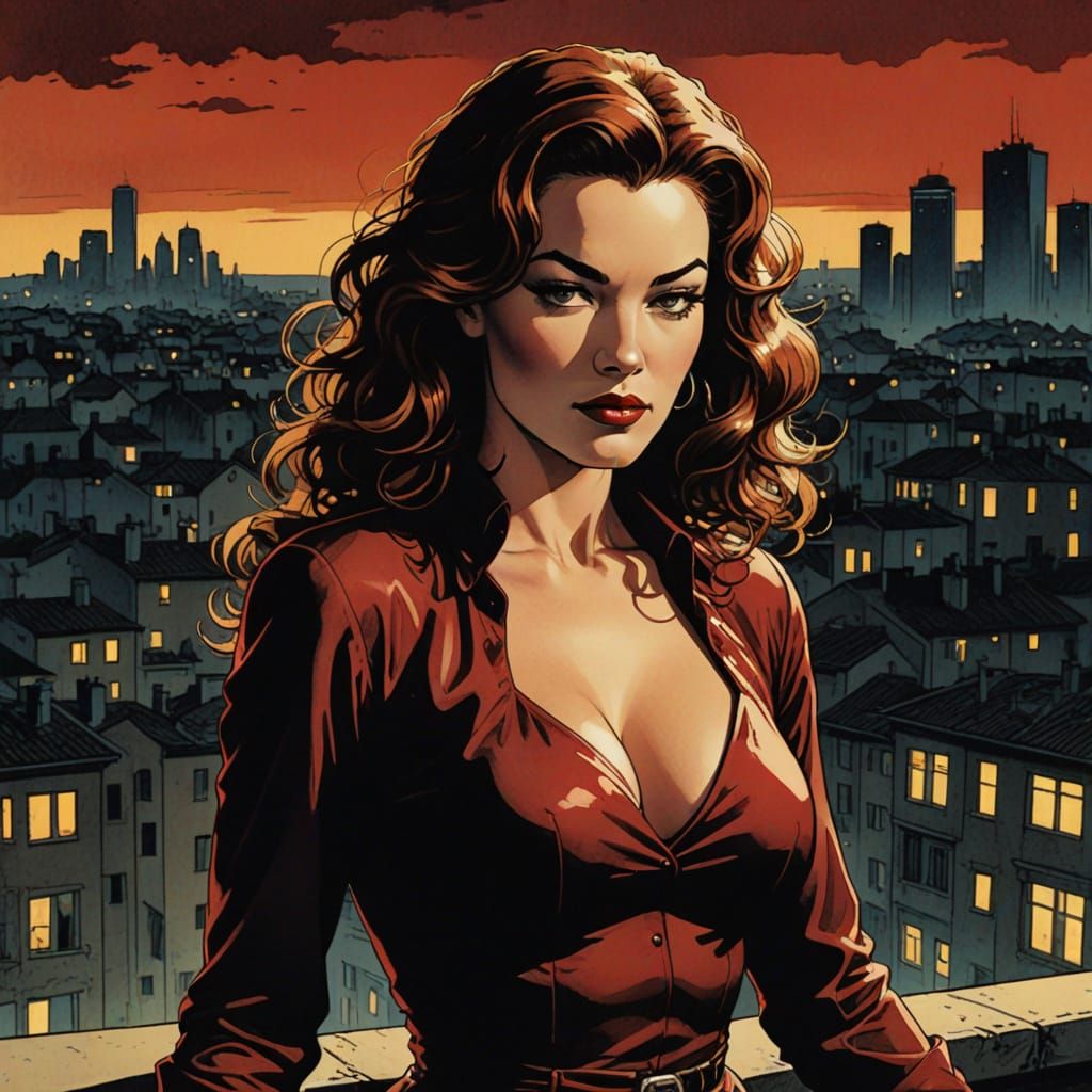 Sultry Italian Goddess in Moody Film Noir Cityscape