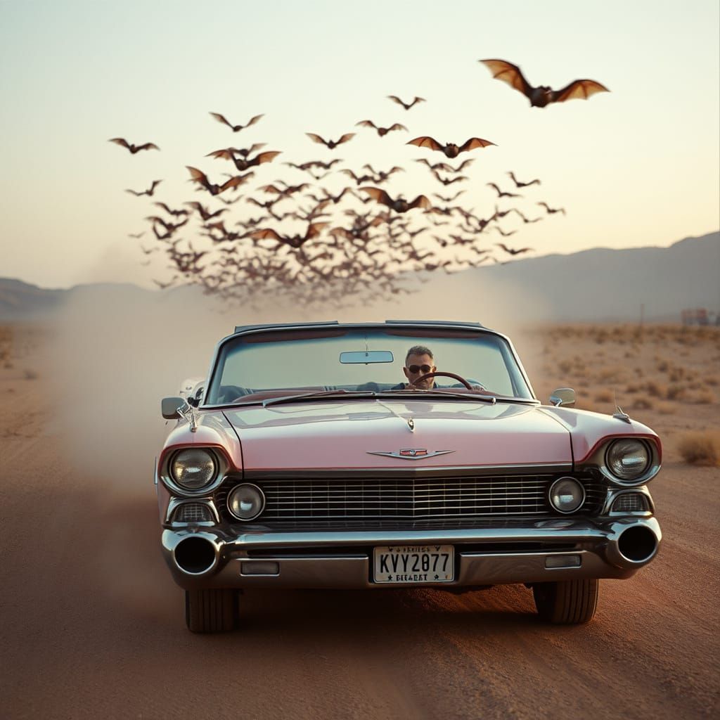 Epic Desert Drifter in a Pink Caddy, Chased by a Cloud of Ba...
