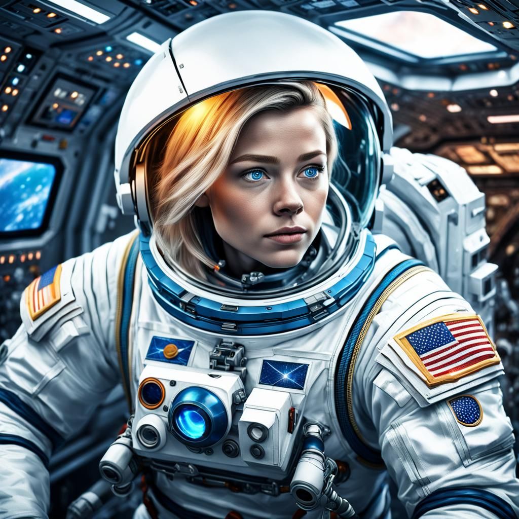 Hyperrealistic Female Astronaut Repairing Spaceship