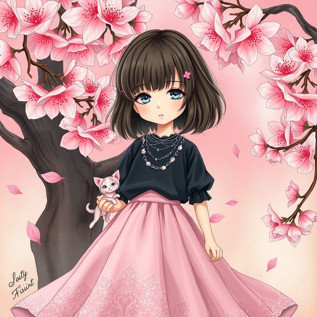 Gothic Shojo Girl Enjoys Cherry Blossom Wonderland with Kitt...