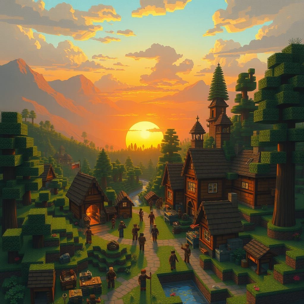 Minecraft Village at Sunset in Whimsical Folk Art Style