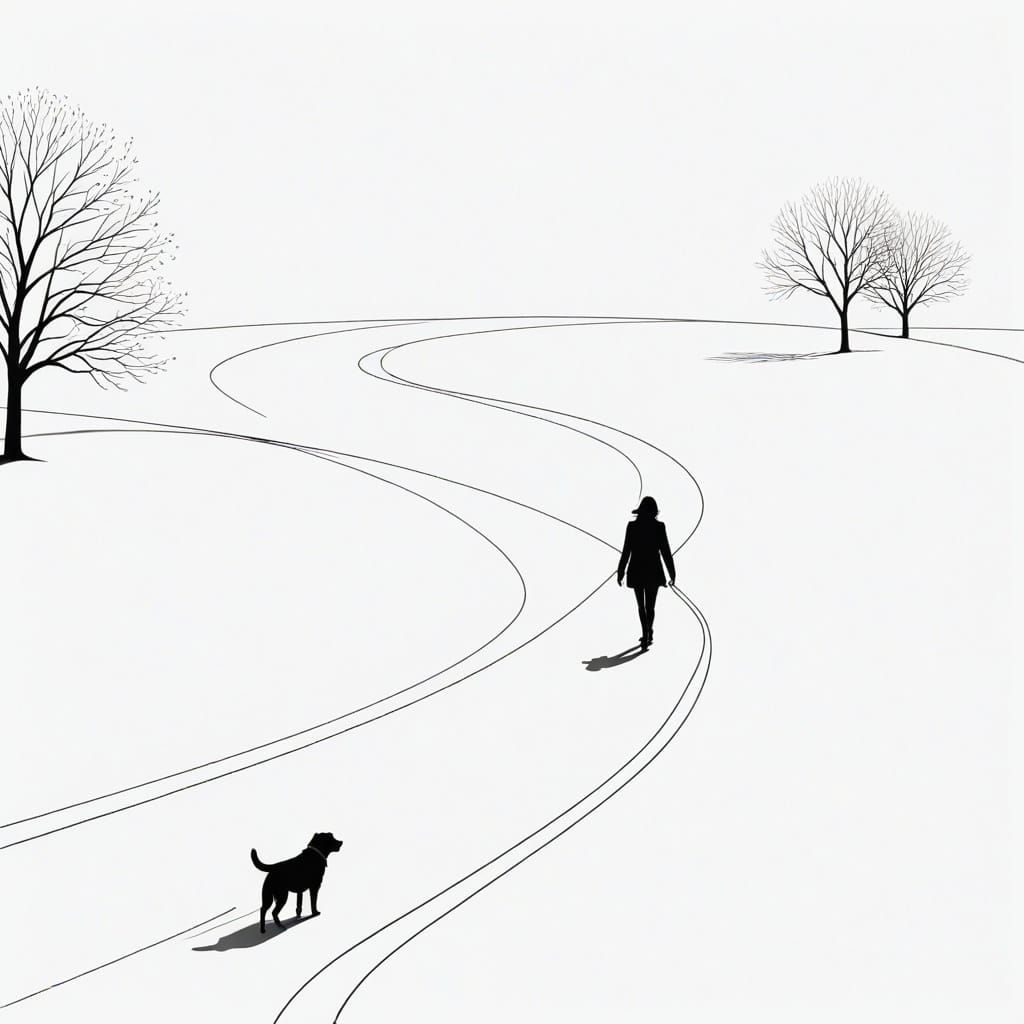 Minimalist Line Art: Woman and Dog on a Curved Path