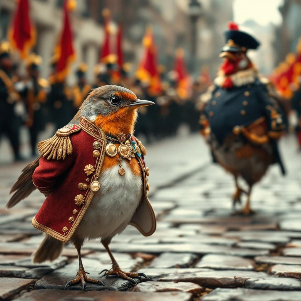 Robin in Military Uniform on Cobblestone Square