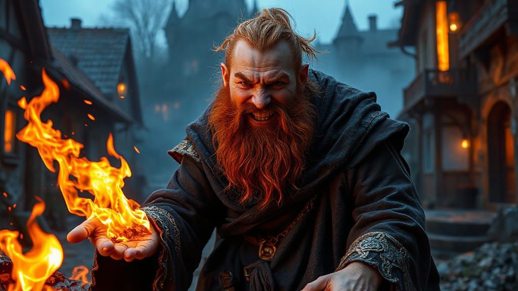 Dark Fantasy Dwarf Wizard Conjures Fire Elemental