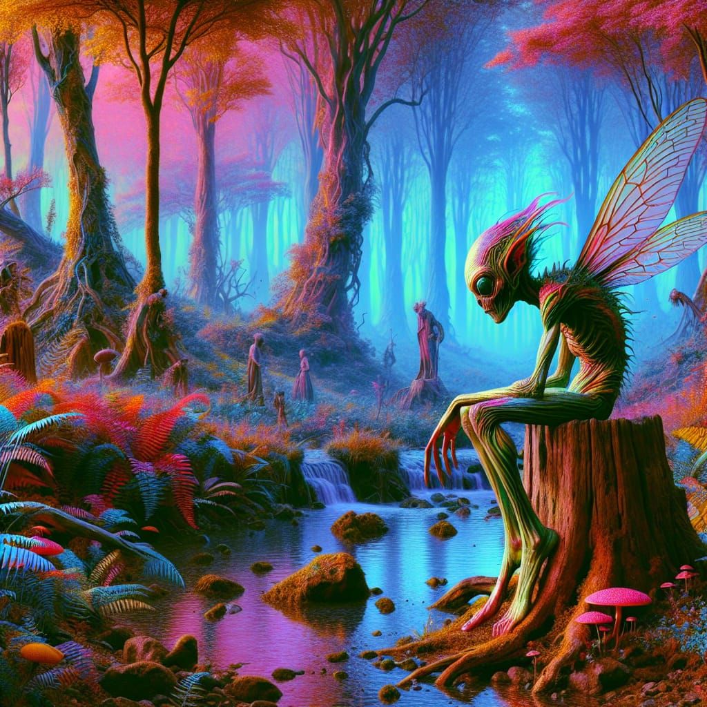 Surreal Fairy Landscape with Slender Monster in Chromolithog...