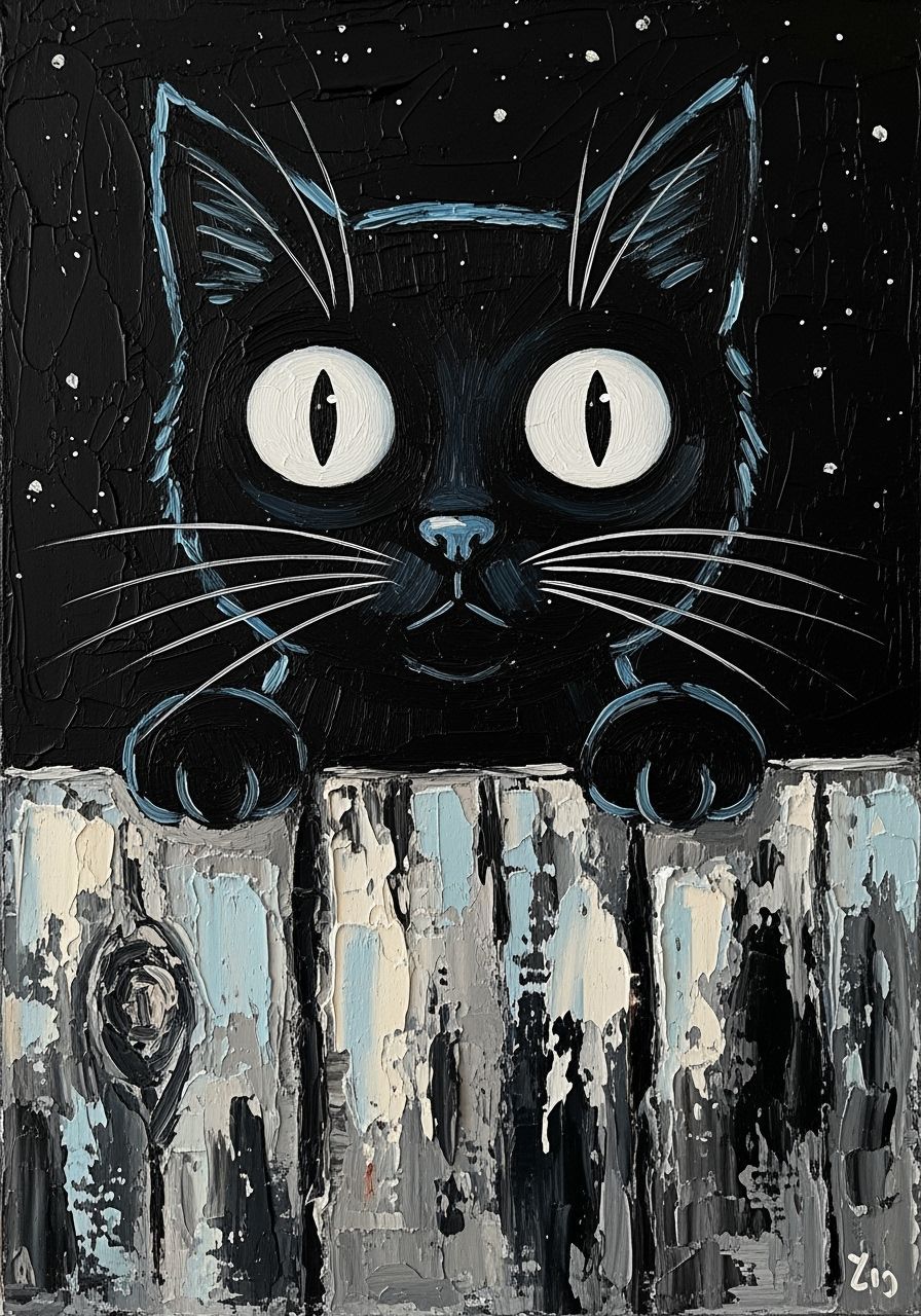 Black Cat with Big Eyes Over Wooden Fence Painting