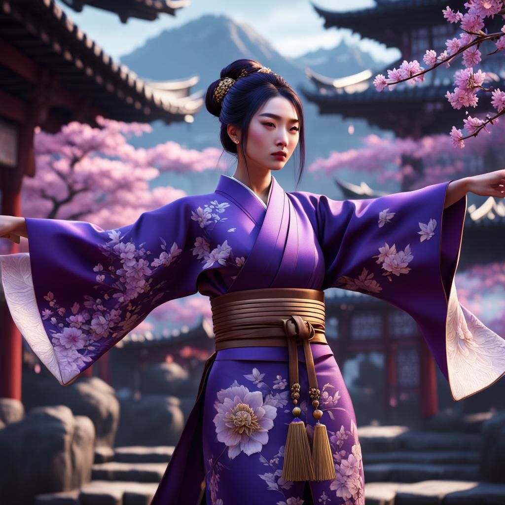Asian Girl in Purple Kimono Fantasy Art