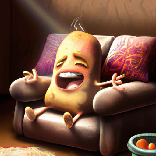 Happy Cartoon Potato on Leather Couch