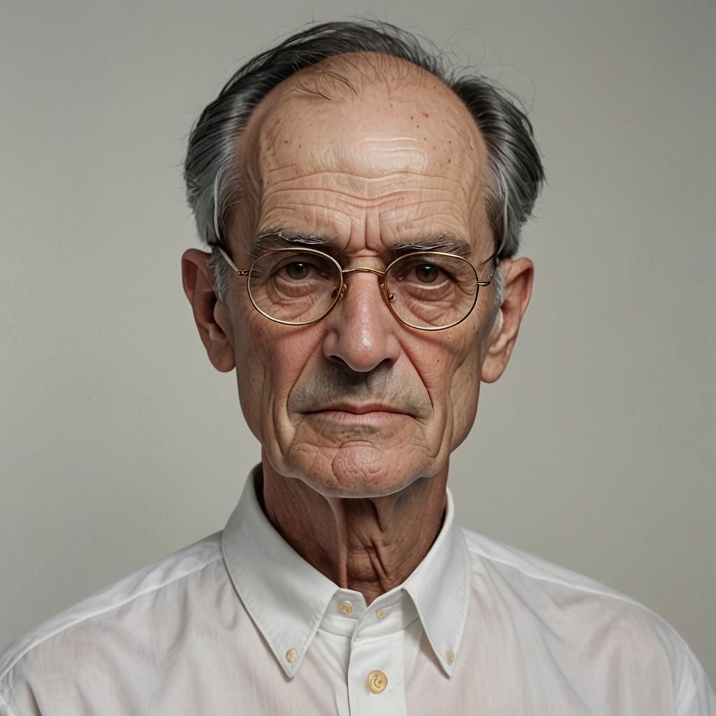 A close up hyperrealistic picture of a thin faced man about 70 years old with a small jaw, thin lips, brown eyes, with b...