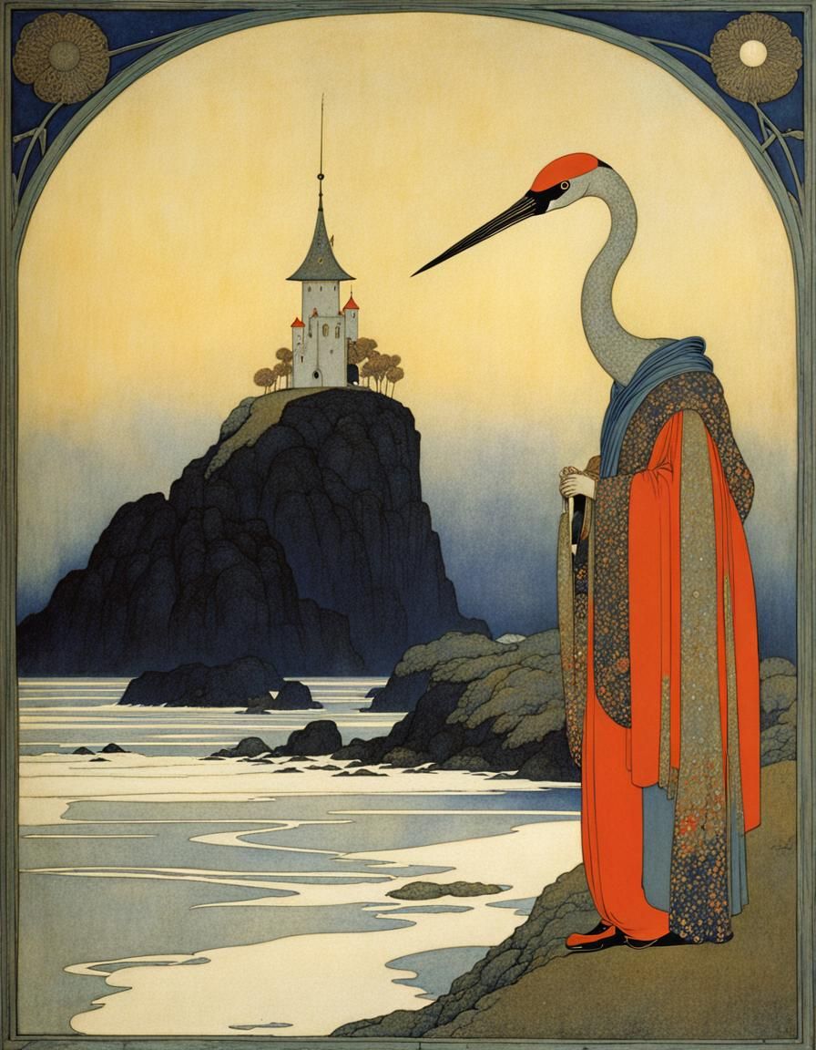 Charming Crane on Colourful Coast, Classic Illustration