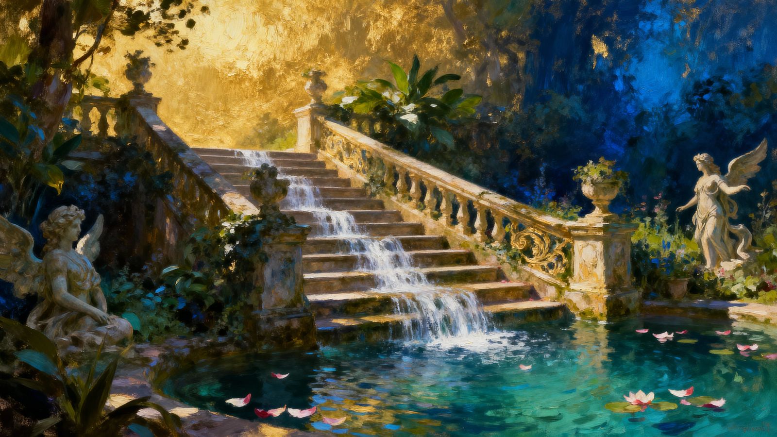 Ornate Staircase With Waterfalls in Mythical Garden Oil Pain...