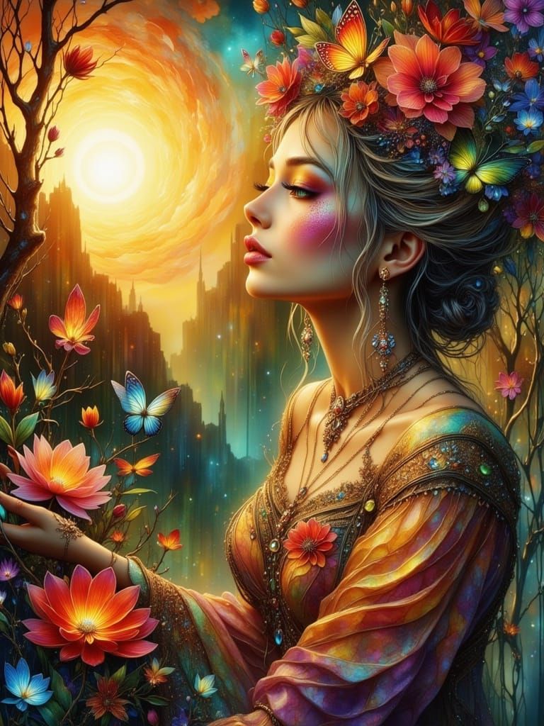 Woman, Butterflies, and Sunlight in Ink Style