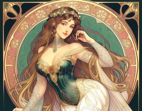 Art Nouveau Woman Portrait in Round Frame Oil Painting