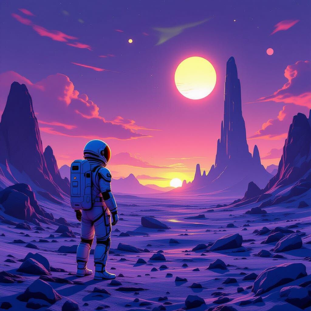 Astronaut Gazes at Binary Sunset on Alien World