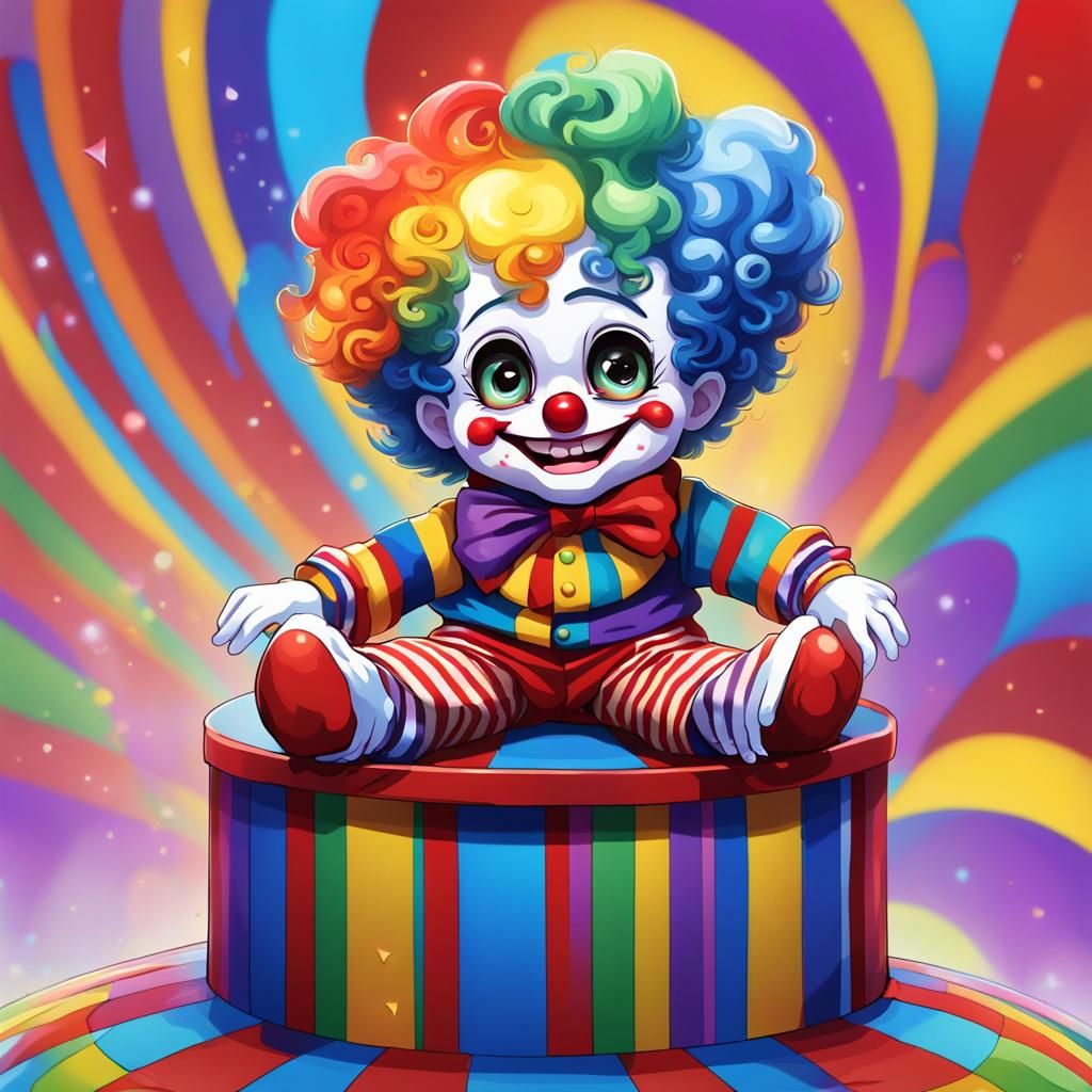 Melancholy Chibi Clown on Pedestal, Detailed Matte Painting