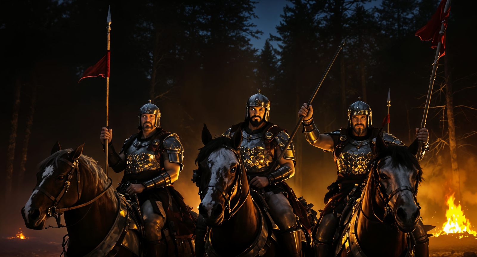 Ancient Warriors of Asia in Tribal Armor, Surrounded by Flam...