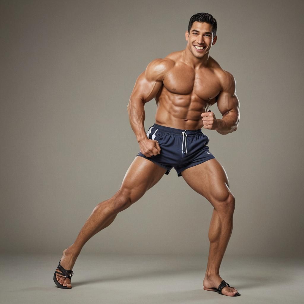 Smiling Latino Bodybuilder Flexing Biceps, Professional Port...