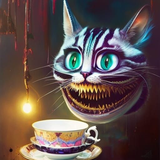 Psychedelic Cheshire Cat in Teacup Line Art