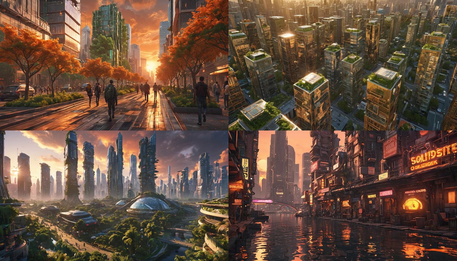 Solar Punk City at Sunset in 3D