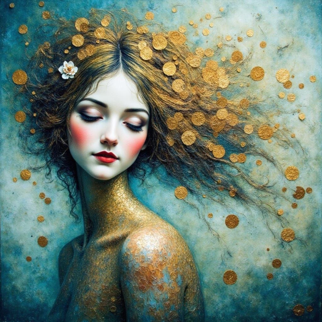 Nature Goddess in Gold and Crimson, Art Nouveau Style