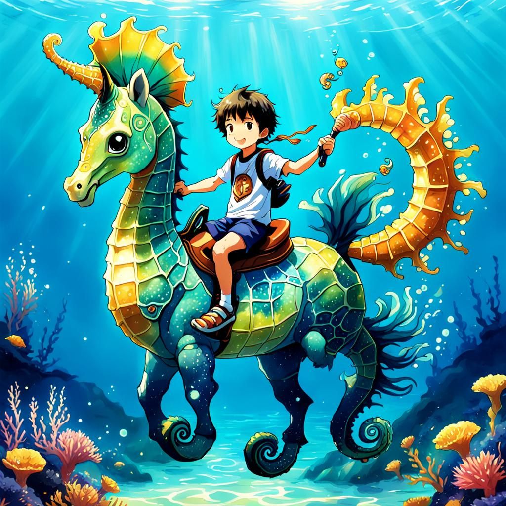 Child Riding Seahorse in Anime Style