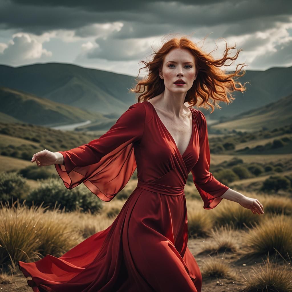 Redhead in Red Silk Dress: Cinematic Film Still