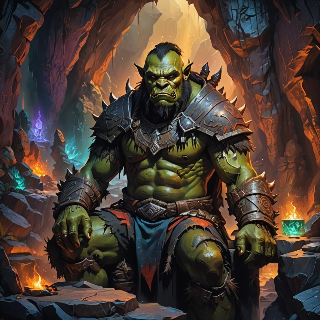 Orc Warrior on Throne in Mystical Cave