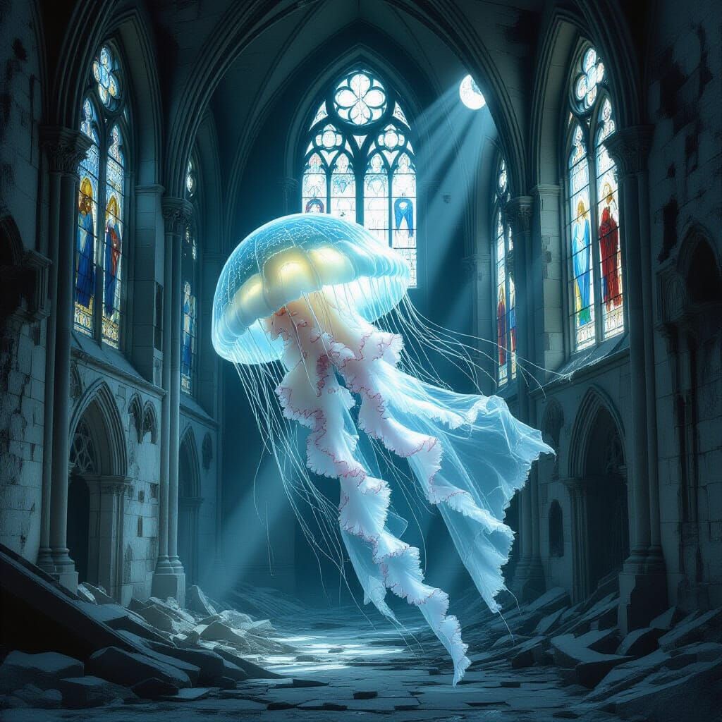 Bioluminescent Jellyfish Drifting Through Gothic Cathedral R...